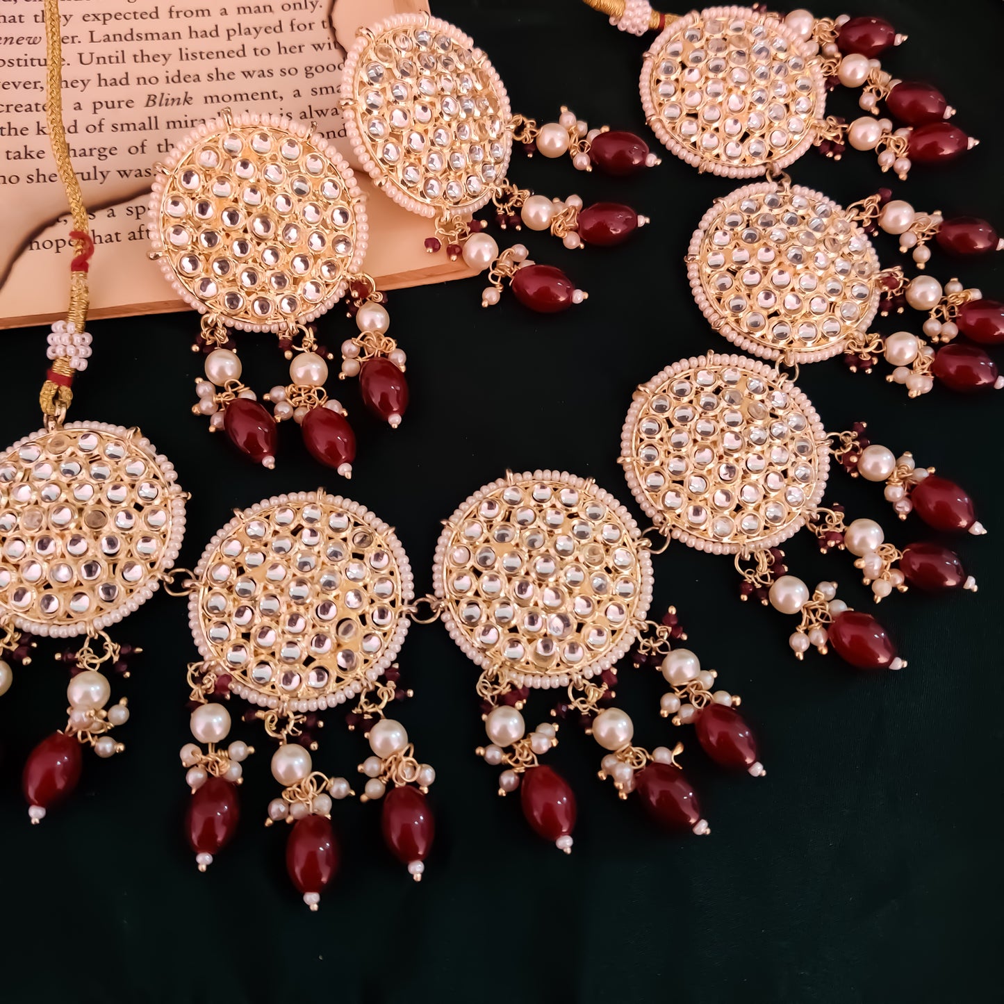 Riza Kundan Necklace Set - Maroon