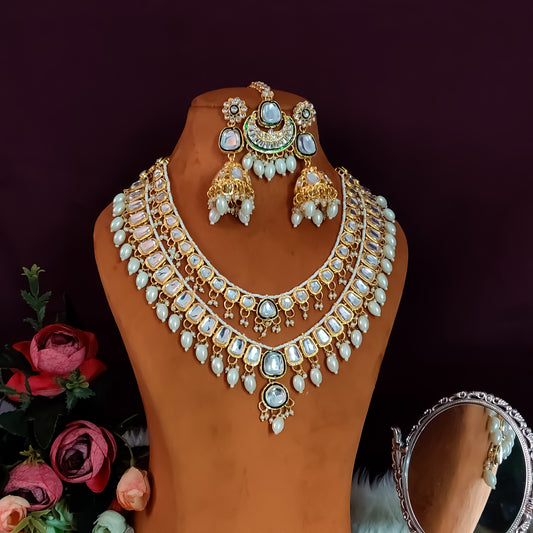Deep Double layer Kundan Necklace Set - Golden