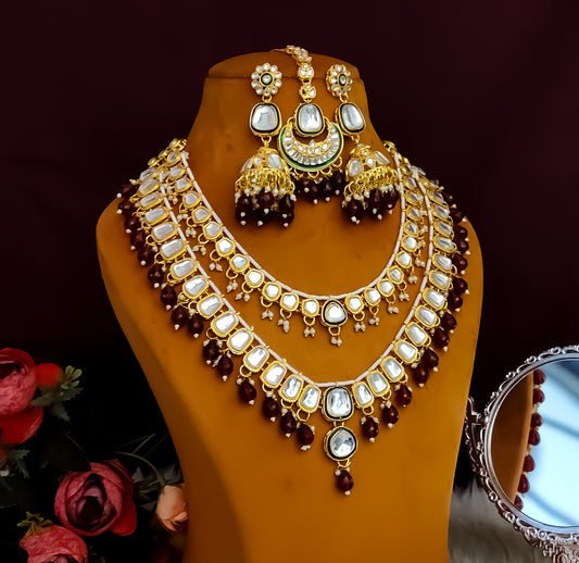 Deep Double layer Kundan Necklace Set - Maroon