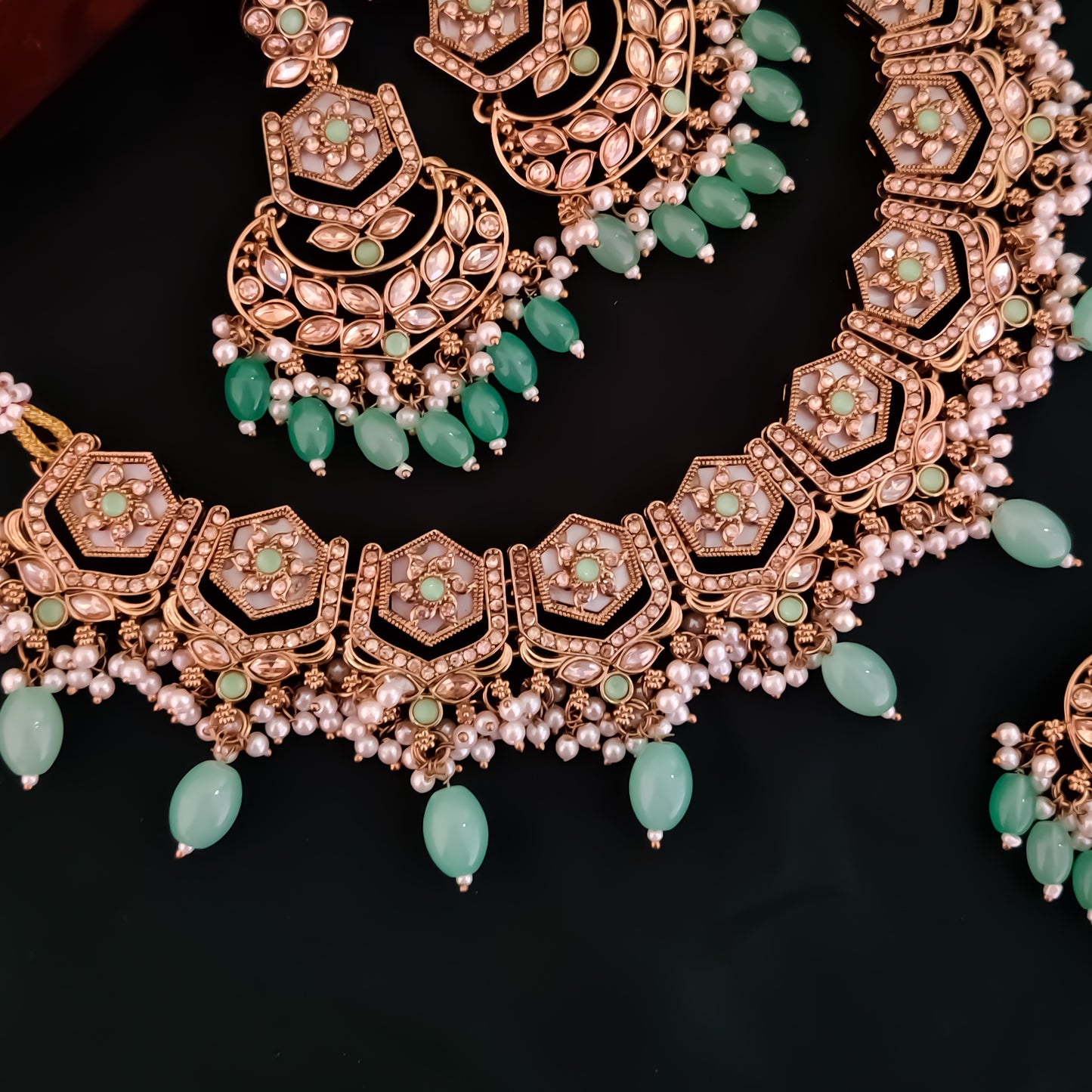 Mahal MOP Reverse AD Necklace Set - Pastel Green