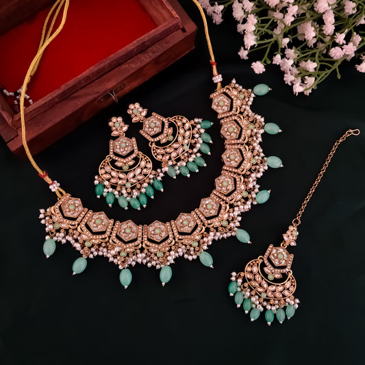 Mahal MOP Reverse AD Necklace Set - Pastel Green