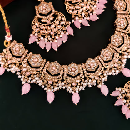 Mahal MOP Reverse AD Necklace Set - Baby Pink