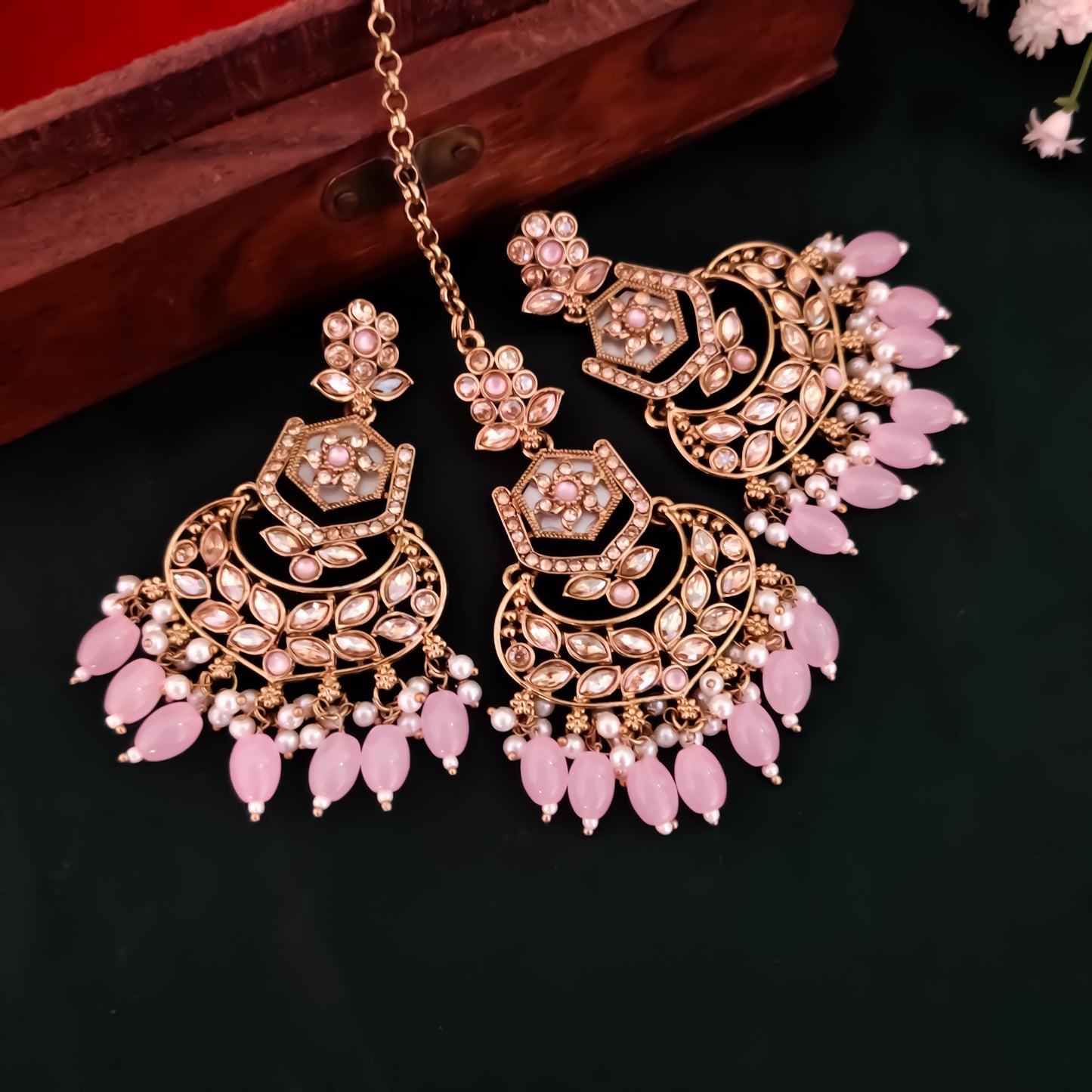 Mahal MOP Reverse AD Necklace Set - Baby Pink