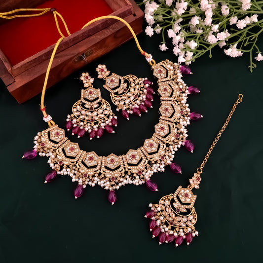 Mahal MOP Reverse AD Necklace Set - Purple