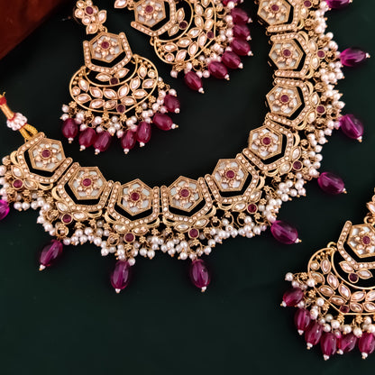 Mahal MOP Reverse AD Necklace Set - Purple