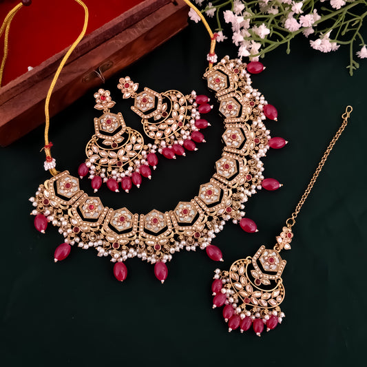 Mahal MOP Reverse AD Necklace Set - Pink