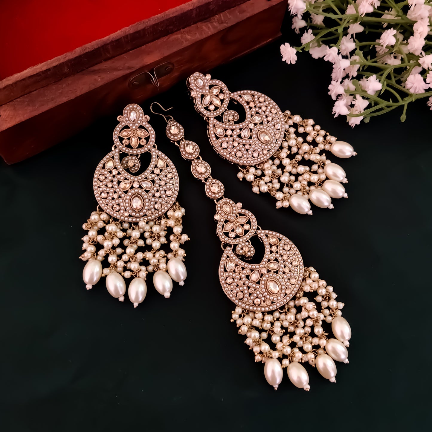 Hridya Jadau Reverse AD Necklace Set - Golden/Ivory