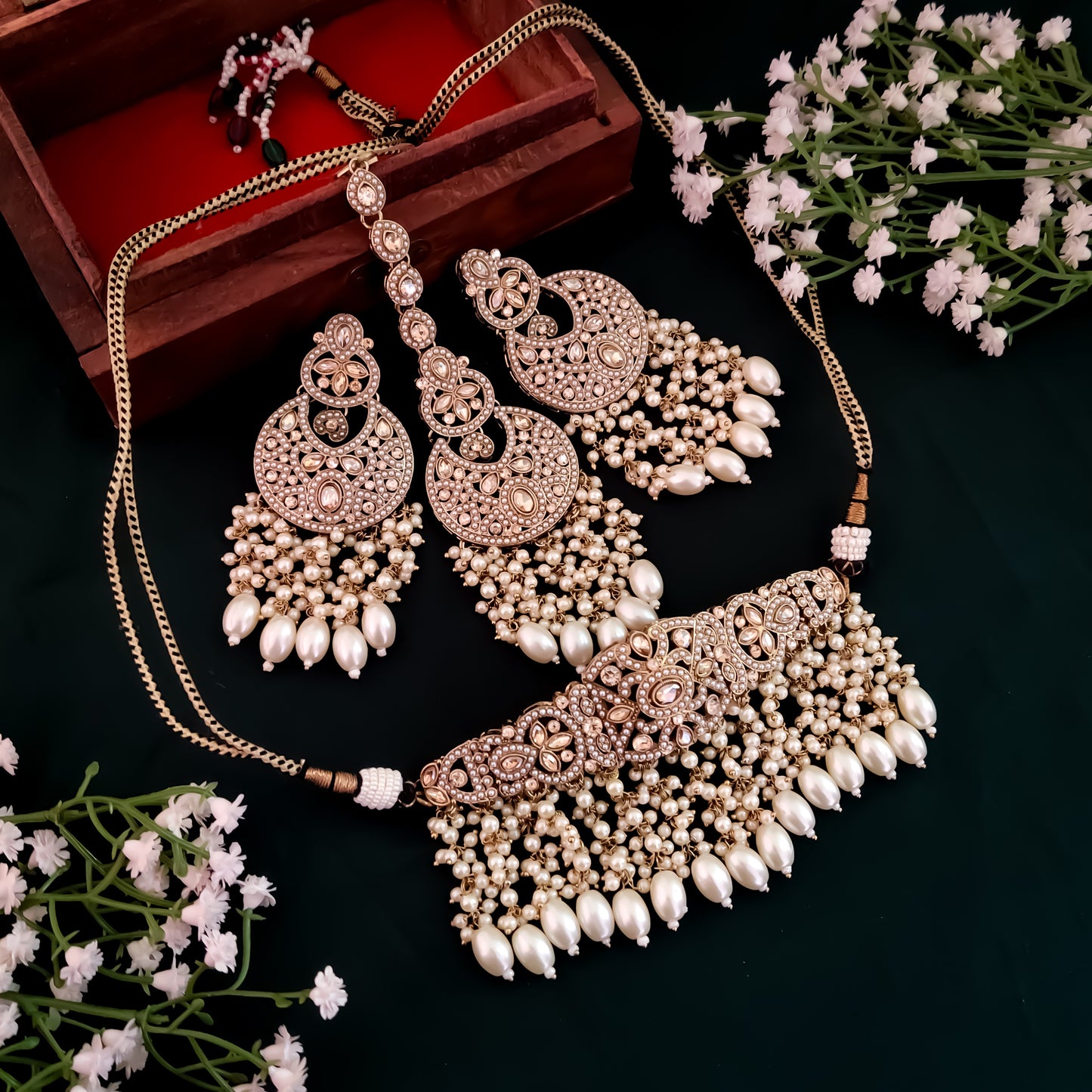 Hridya Jadau Reverse AD Necklace Set - Golden/Ivory