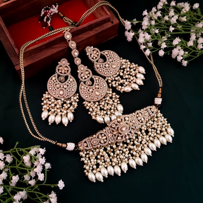 Hridya Jadau Reverse AD Necklace Set - Golden/Ivory