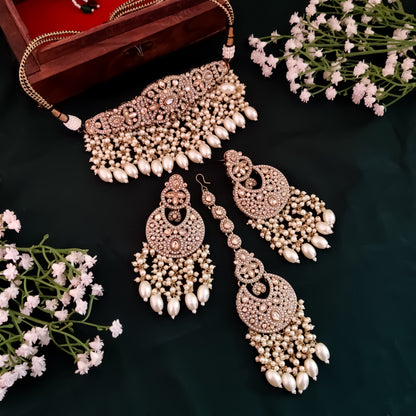 Hridya Jadau Reverse AD Necklace Set - Golden/Ivory