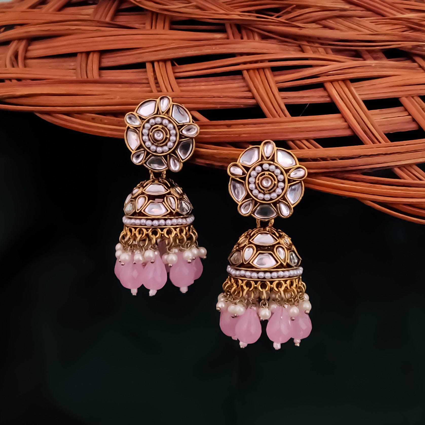 Ruhani Pearl Jhumka Earrings- Baby Pink