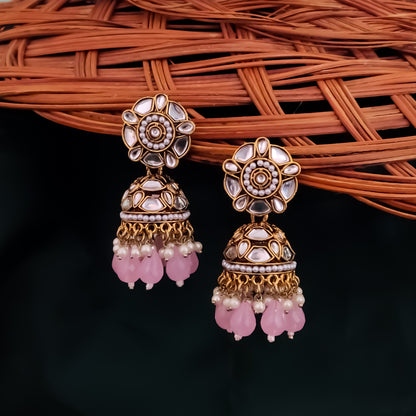 Ruhani Pearl Jhumka Earrings- Baby Pink