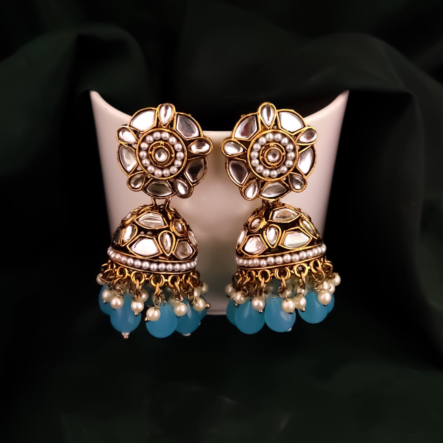 Ruhani Pearl Jhumka Earrings- Sky Blue