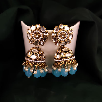 Ruhani Pearl Jhumka Earrings- Sky Blue