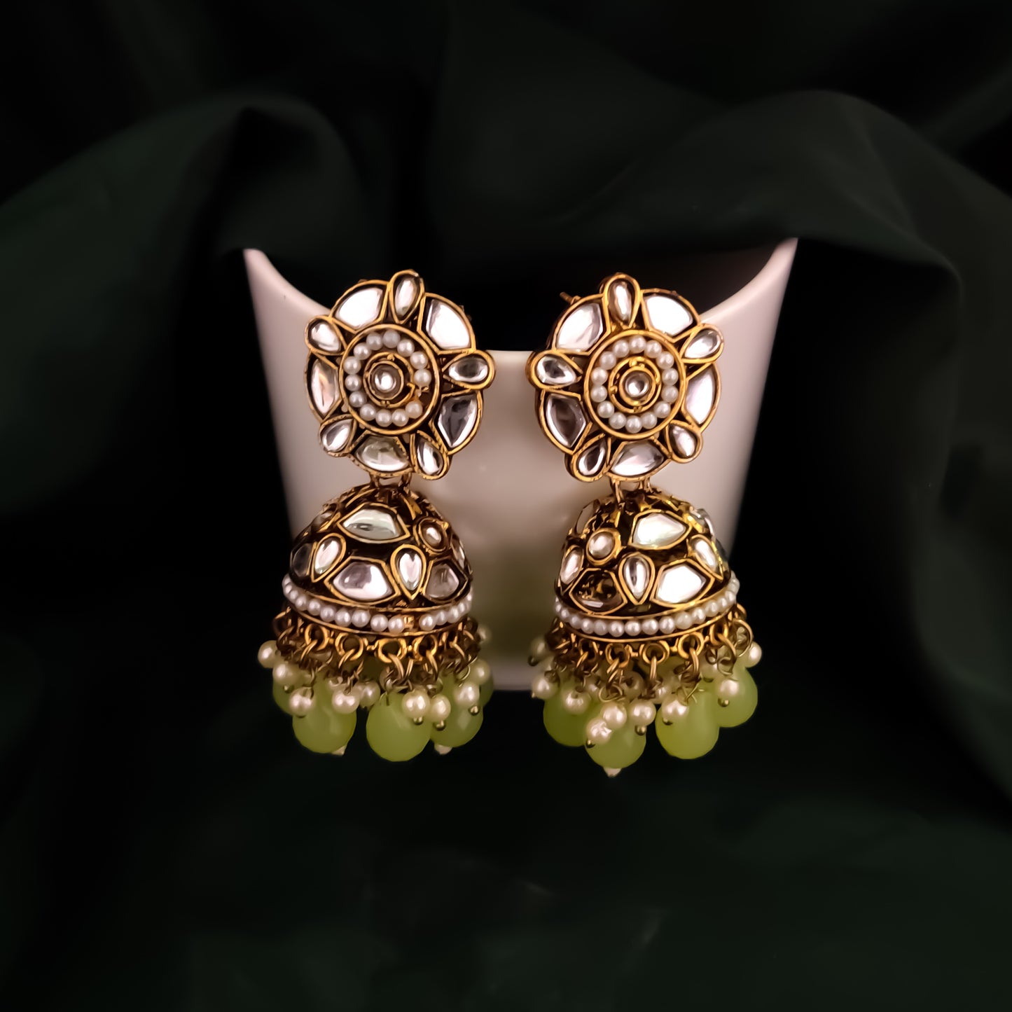 Ruhani Pearl Jhumka Earrings- Pista Green