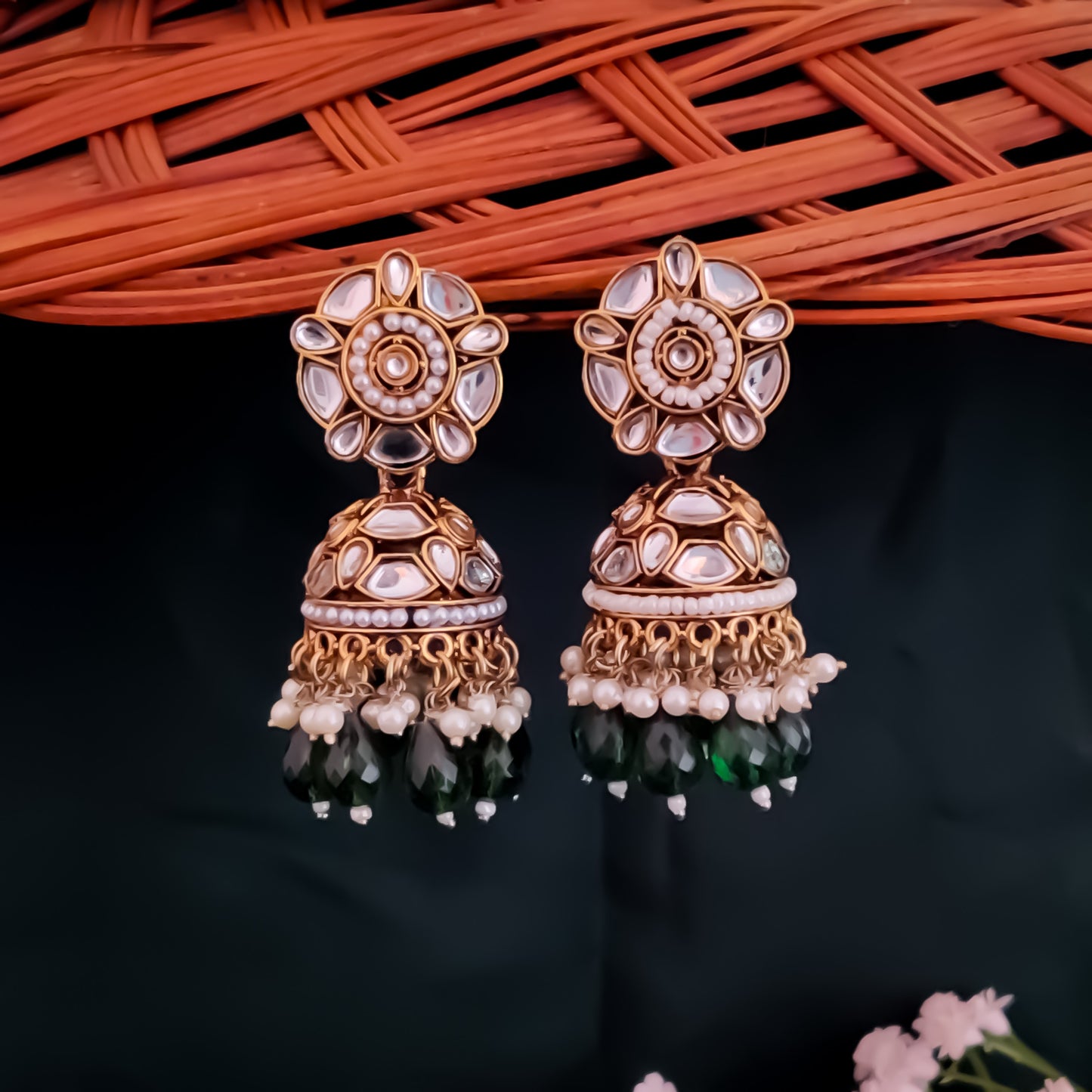 Ruhani Pearl Jhumka Earrings- Green