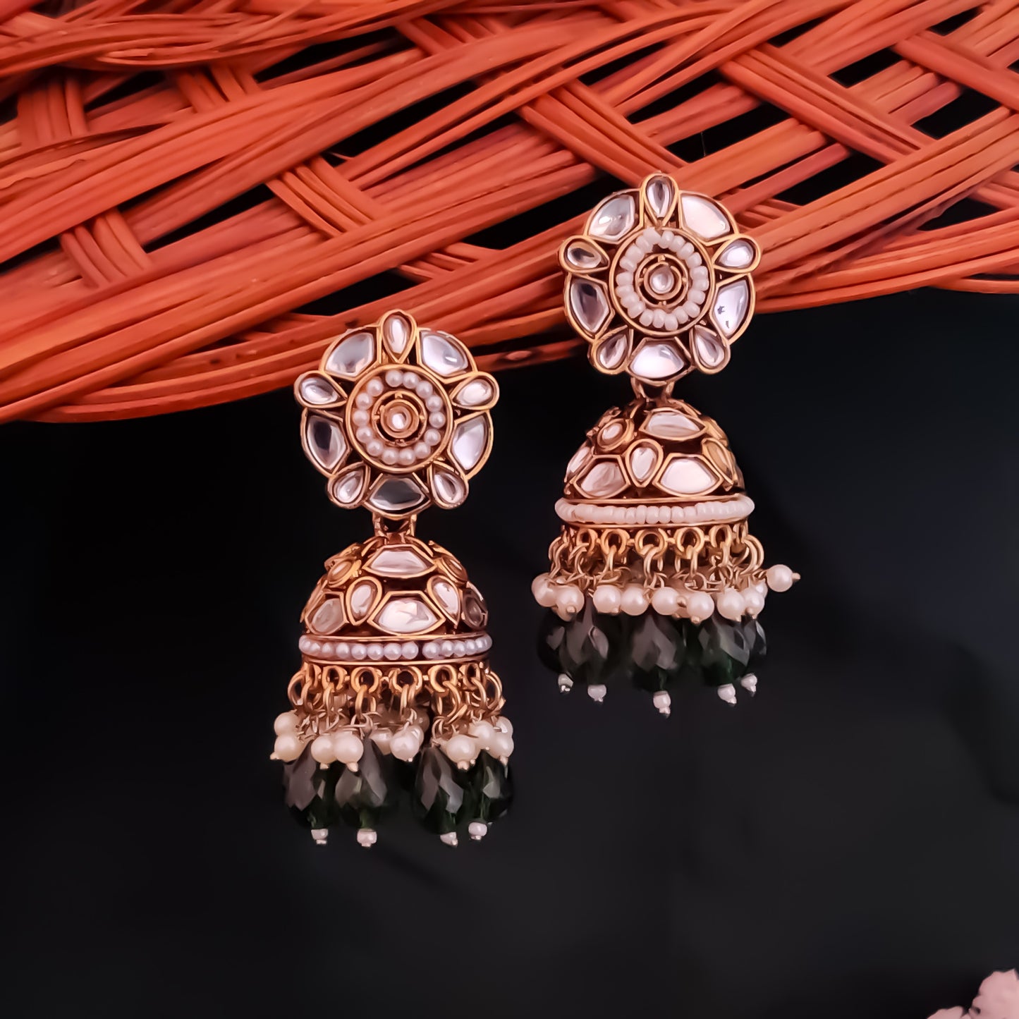 Ruhani Pearl Jhumka Earrings- Green