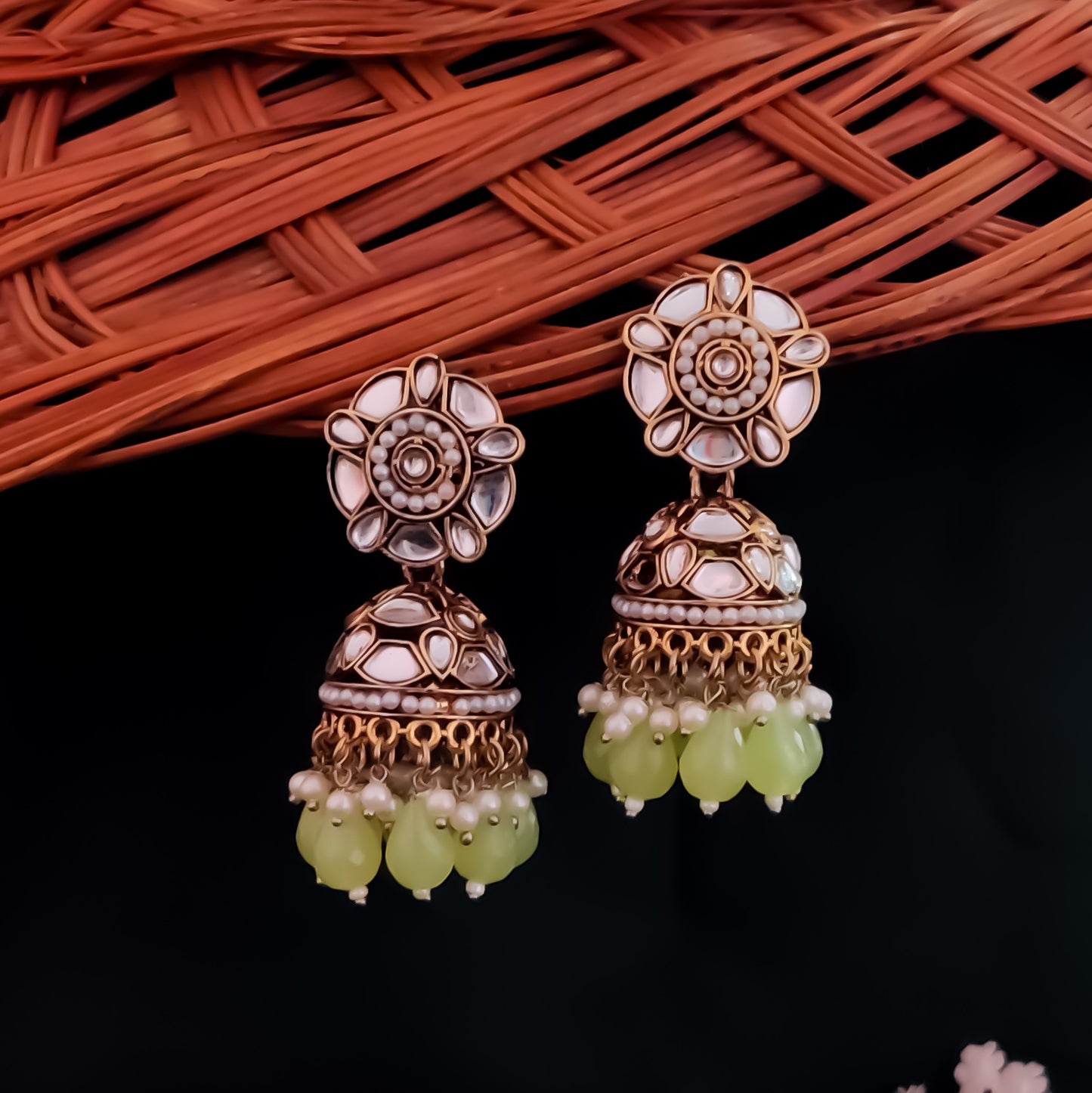 Ruhani Pearl Jhumka Earrings- Pista Green