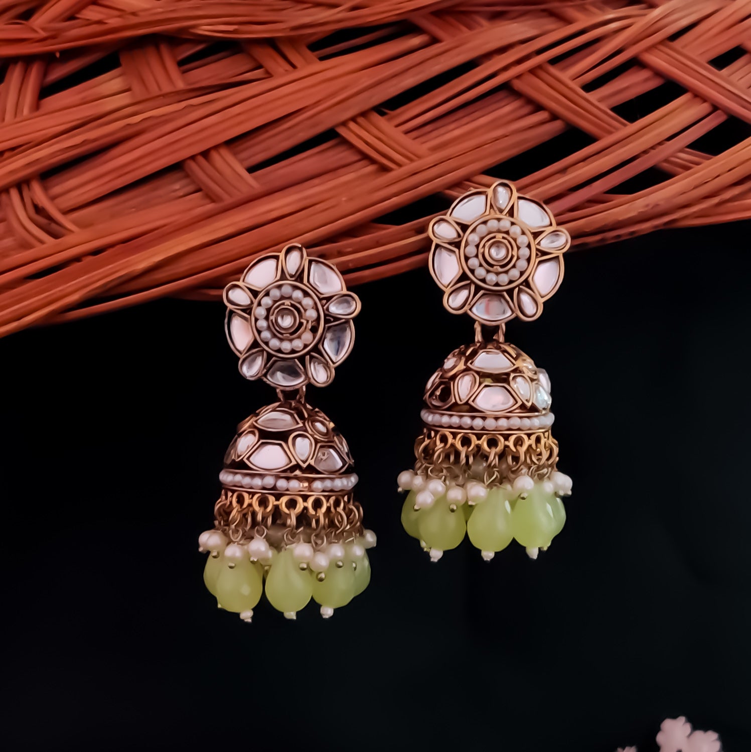 Ruhani Pearl Jhumka Earrings- Pista Green