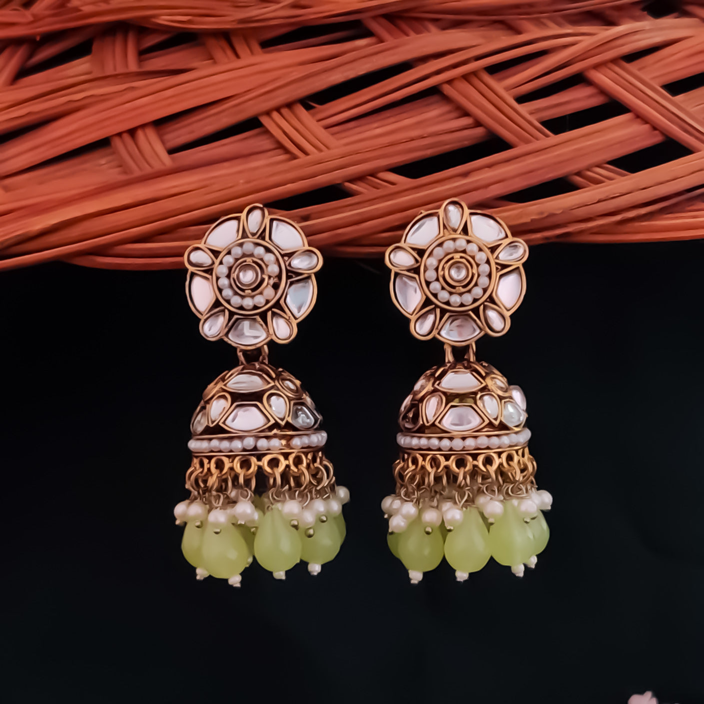 Ruhani Pearl Jhumka Earrings- Pista Green