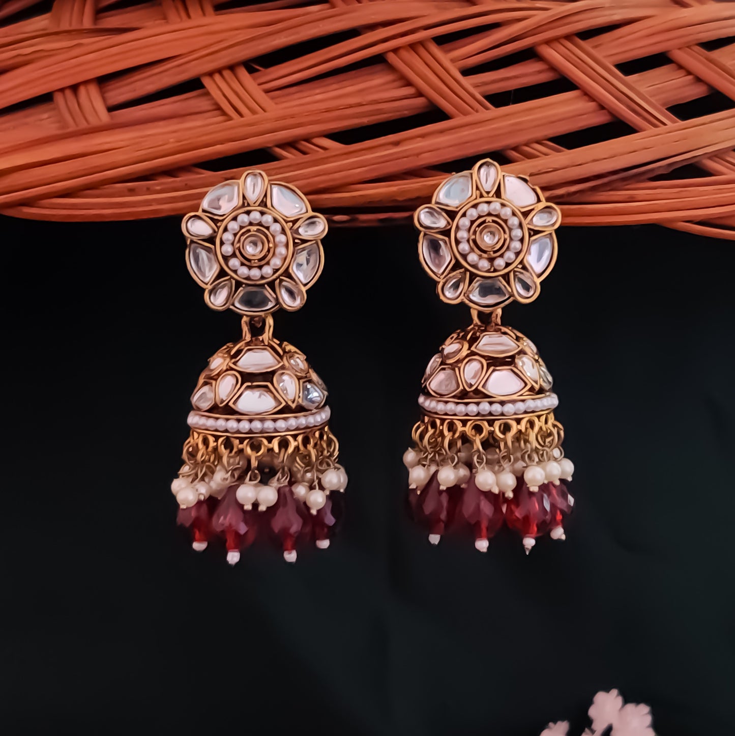 Ruhani Pearl Jhumka Earrings- Maroon