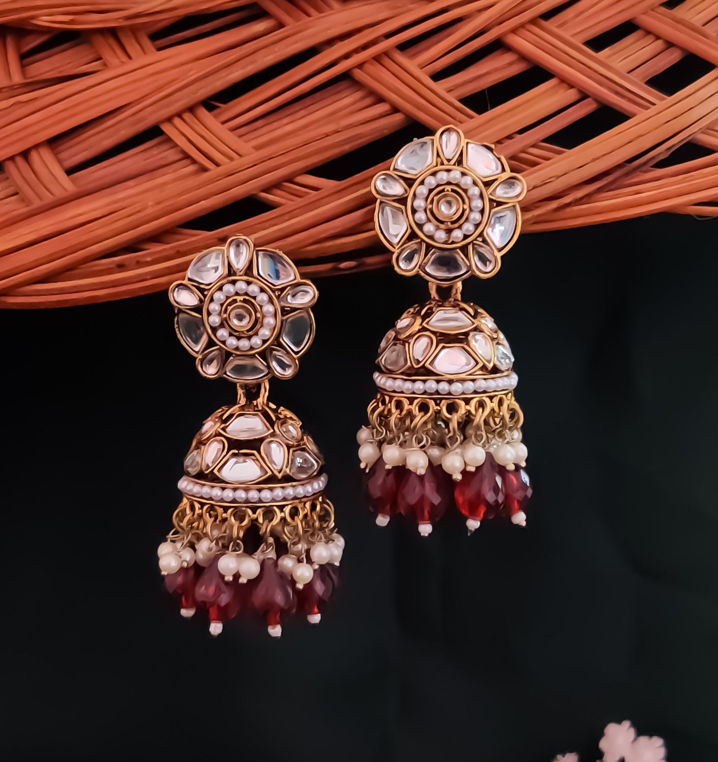 Ruhani Pearl Jhumka Earrings- Maroon