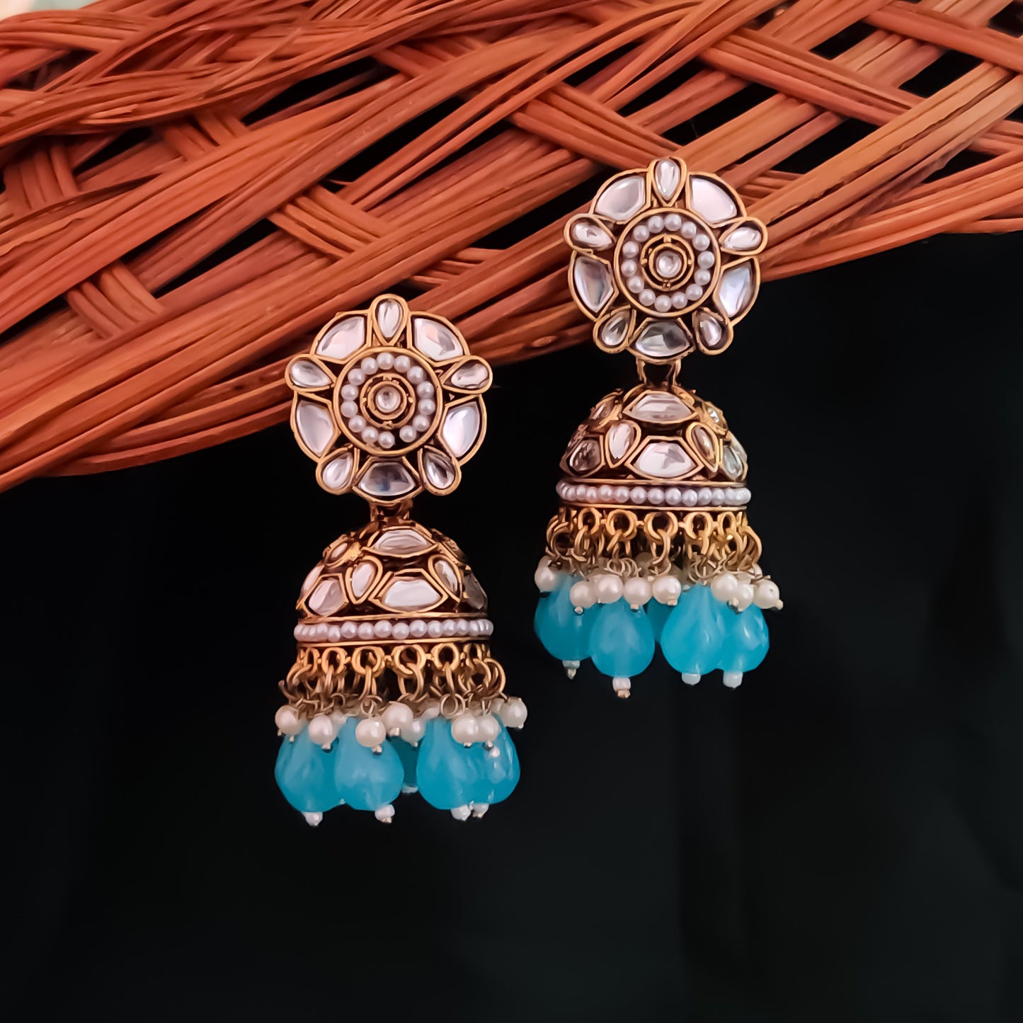Ruhani Pearl Jhumka Earrings- Sky Blue