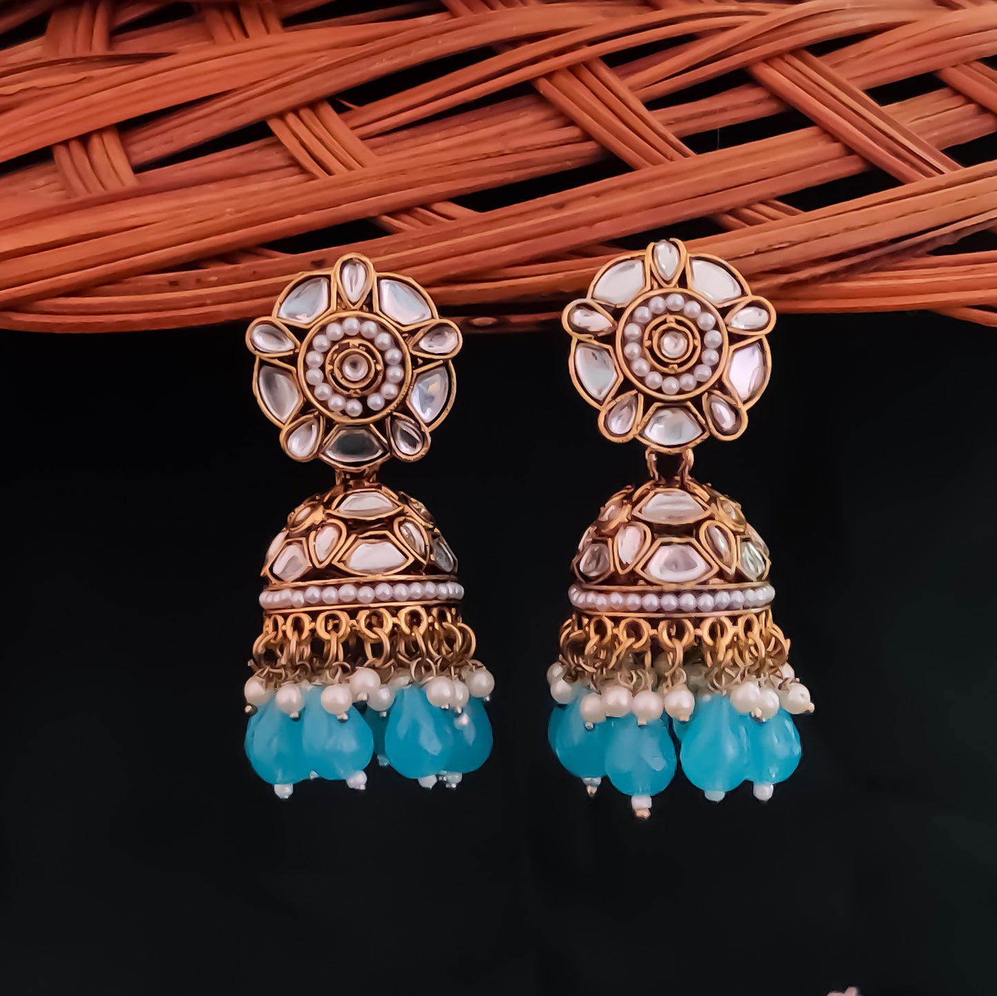 Ruhani Pearl Jhumka Earrings- Sky Blue