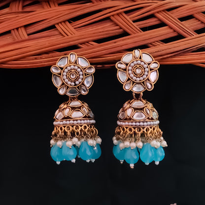 Ruhani Pearl Jhumka Earrings- Sky Blue