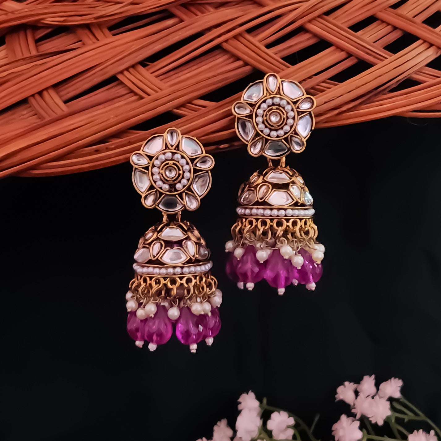 Ruhani Pearl Jhumka Earrings- Purple
