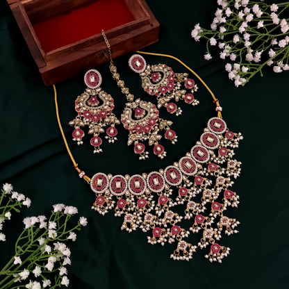 Rehan Jadau Reverse AD Necklace Set - Pink