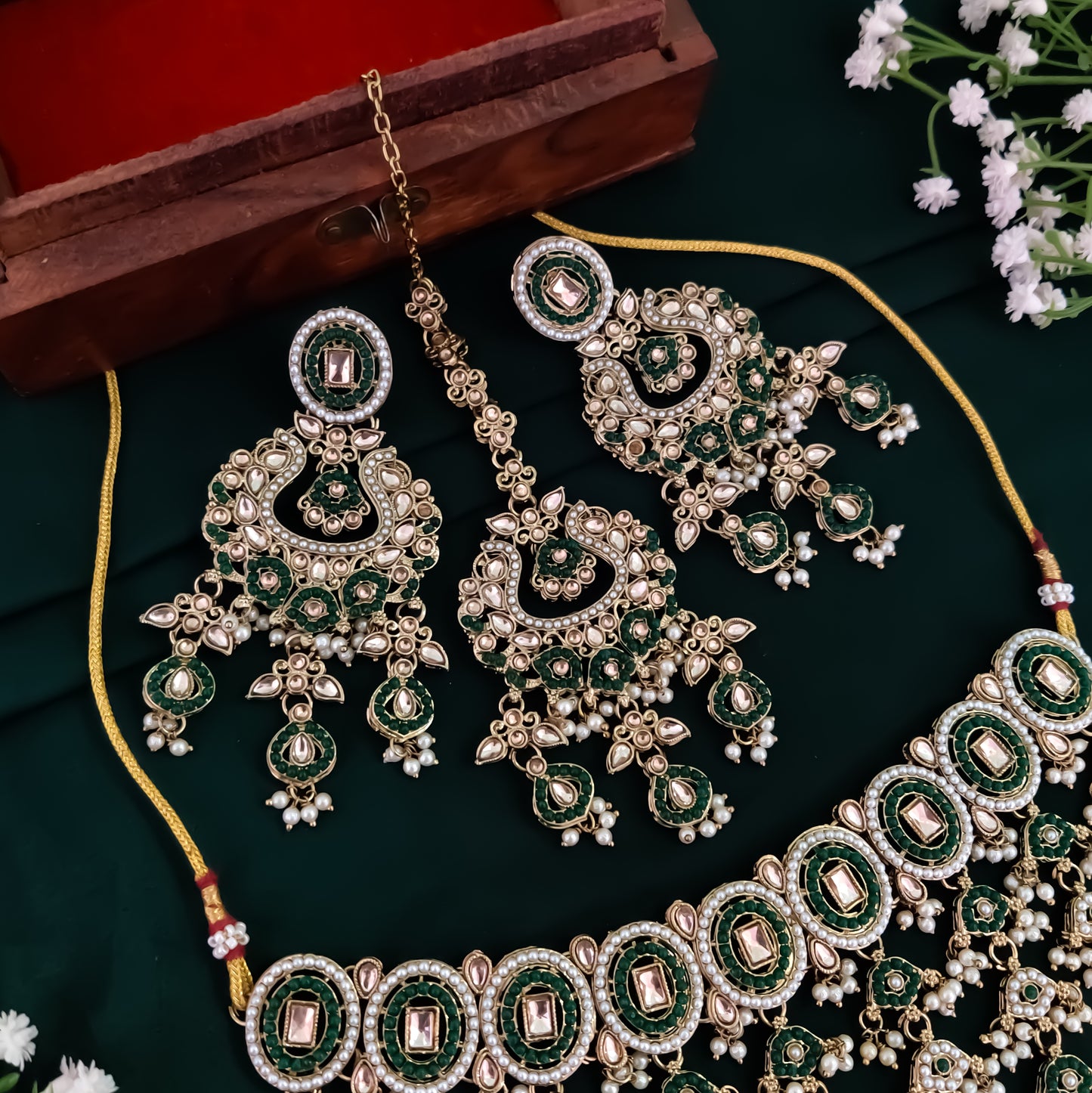 Rehan Jadau Reverse AD Necklace Set - Green
