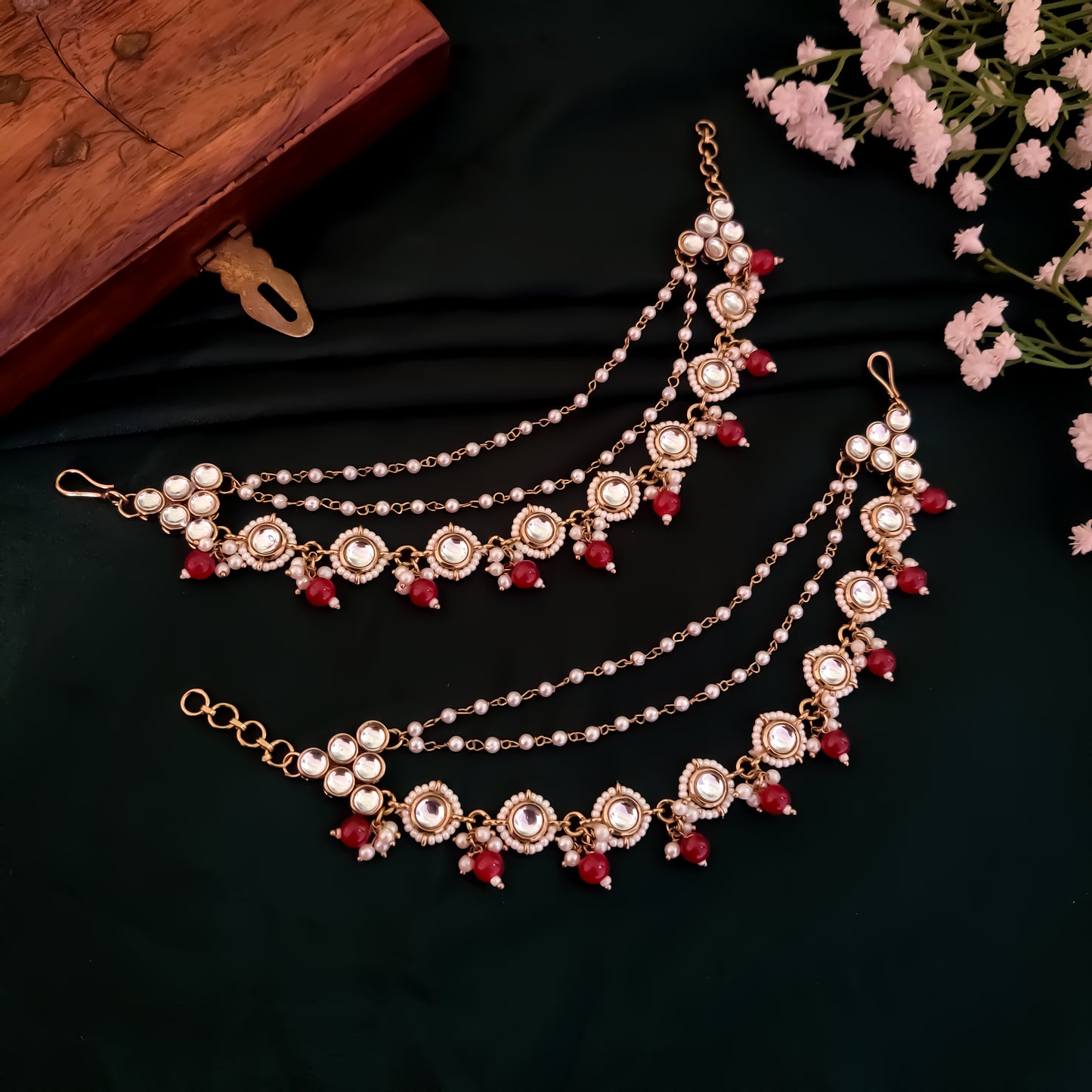 Roshni Kundan Detachable Earchains - Maroon