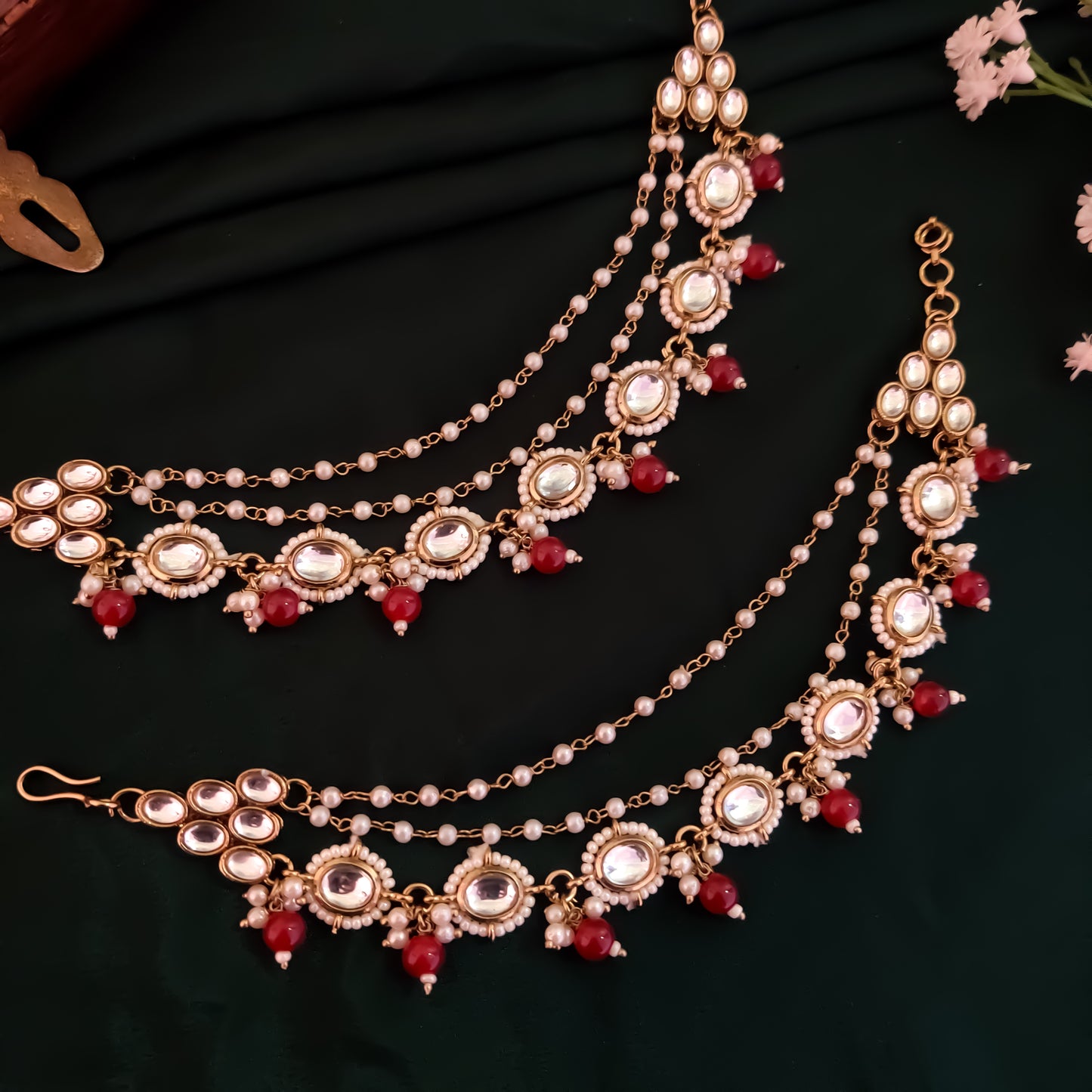 Shagun Kundan Detachable Earchains - Maroon