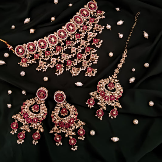 Rehan Jadau Reverse AD Necklace Set - Pink