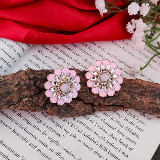 Shahida Kundan Stud Earring - Baby Pink