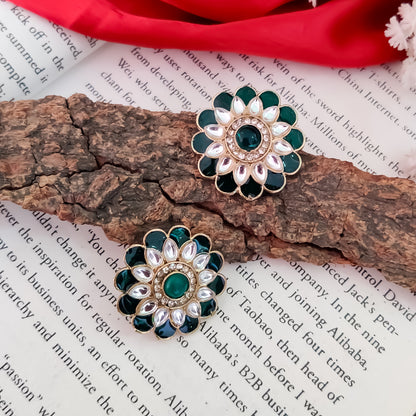 Shahida Kundan Stud Earring - Green