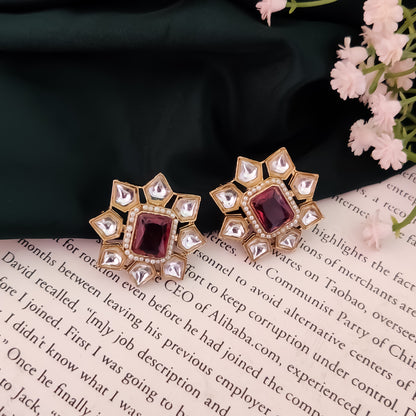Shaheen Kundan Stud Earring - Wine