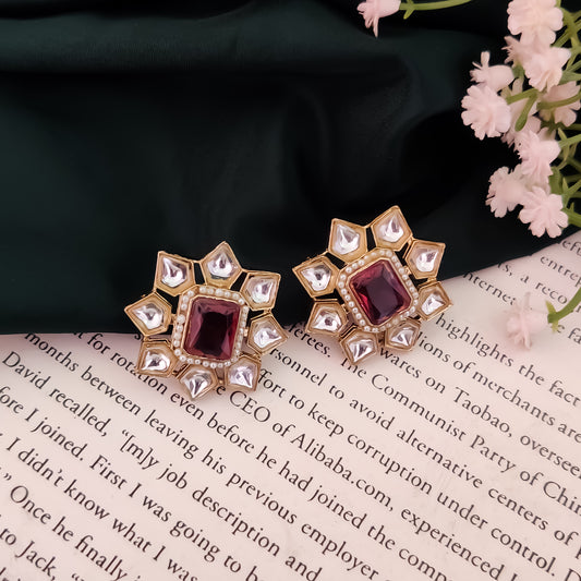 Shaheen Kundan Stud Earring - Wine