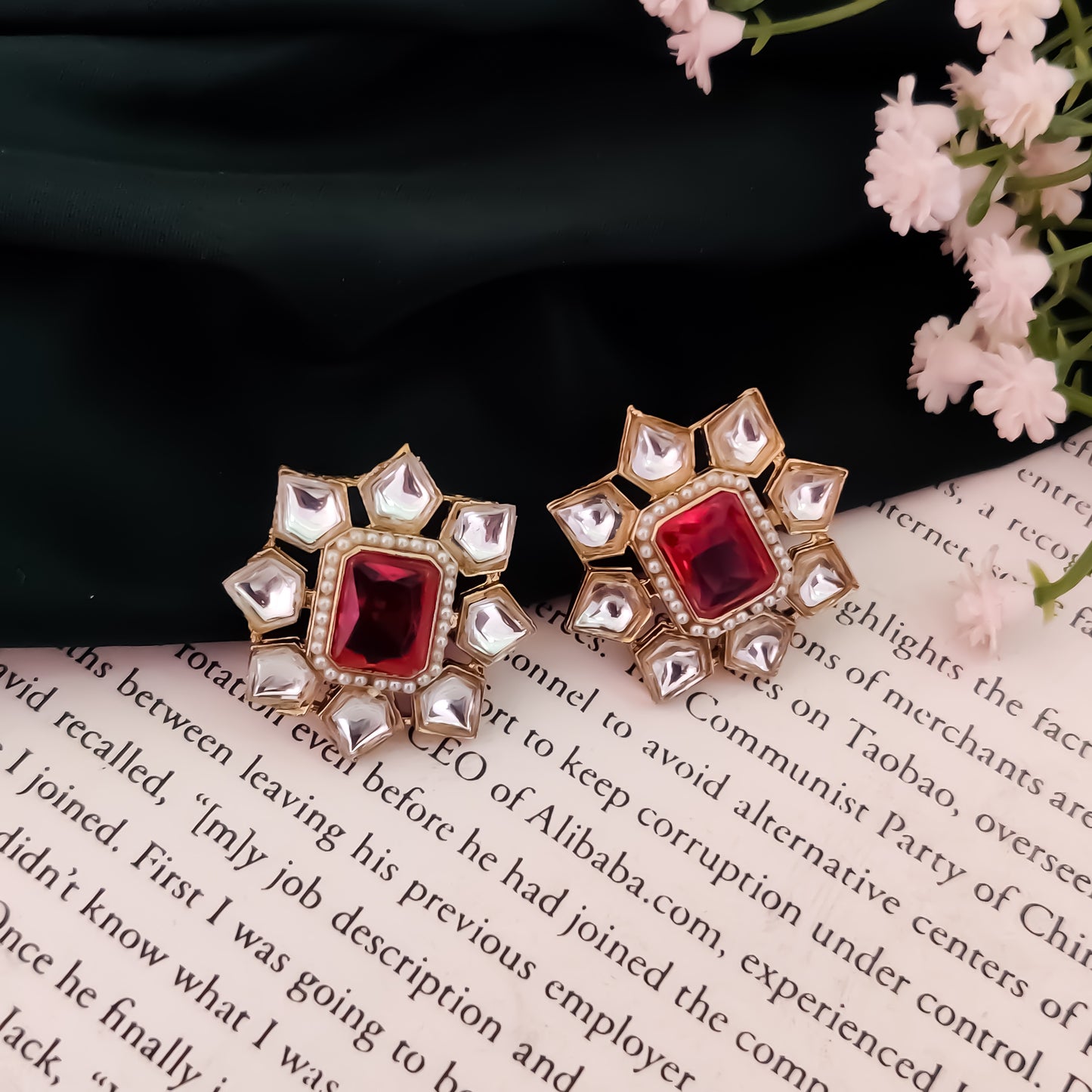 Shaheen Kundan Stud Earring - Hot Pink