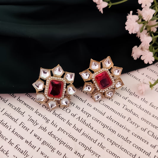 Shaheen Kundan Stud Earring - Hot Pink