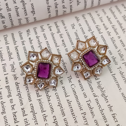 Shaheen Kundan Stud Earring - Purple