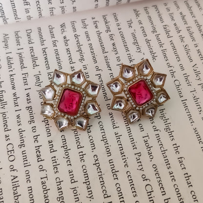 Shaheen Kundan Stud Earring - Hot Pink