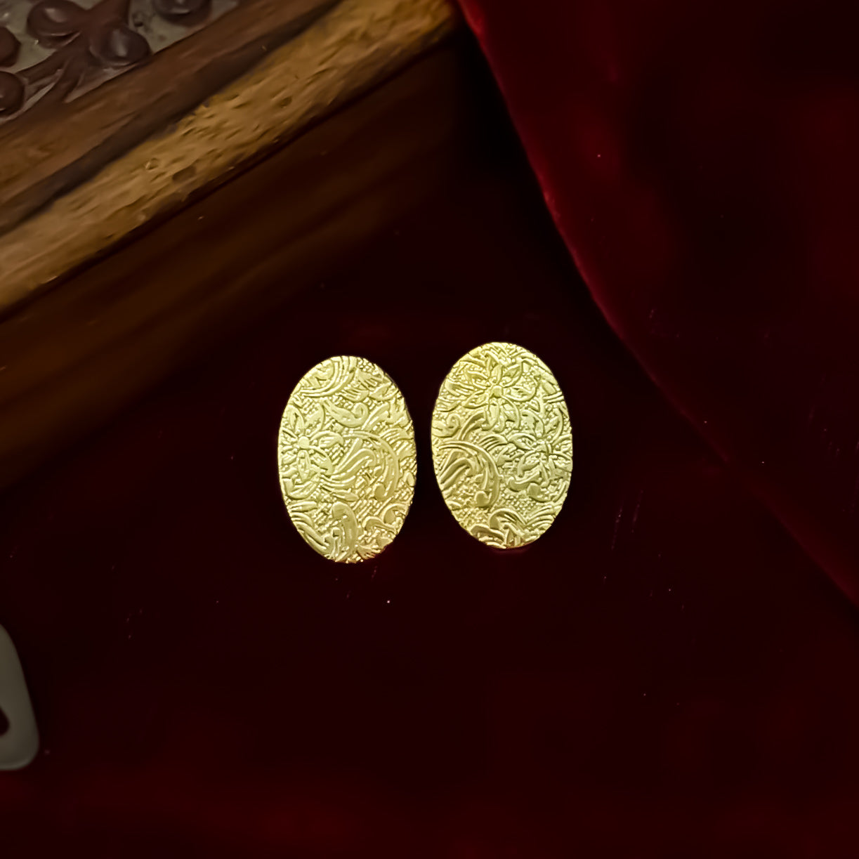 Vijaya Carved Brass Stud Earrings - Golden