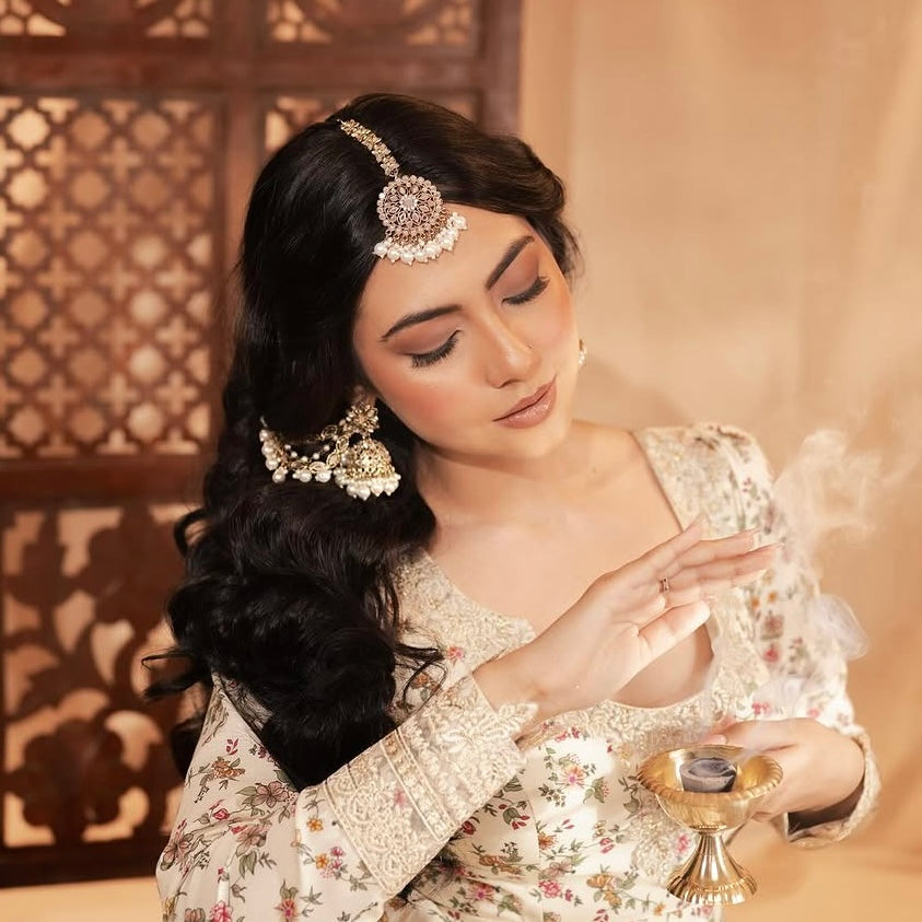 Mehek Mirror Jhumka Earrings with Sahara & Teeka - Golden