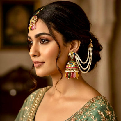 Mahtaab navratna multicolor reverse AD jadau jhumka earrings with triple layered pearl sahara chains and matching circular maang teeka set on a model