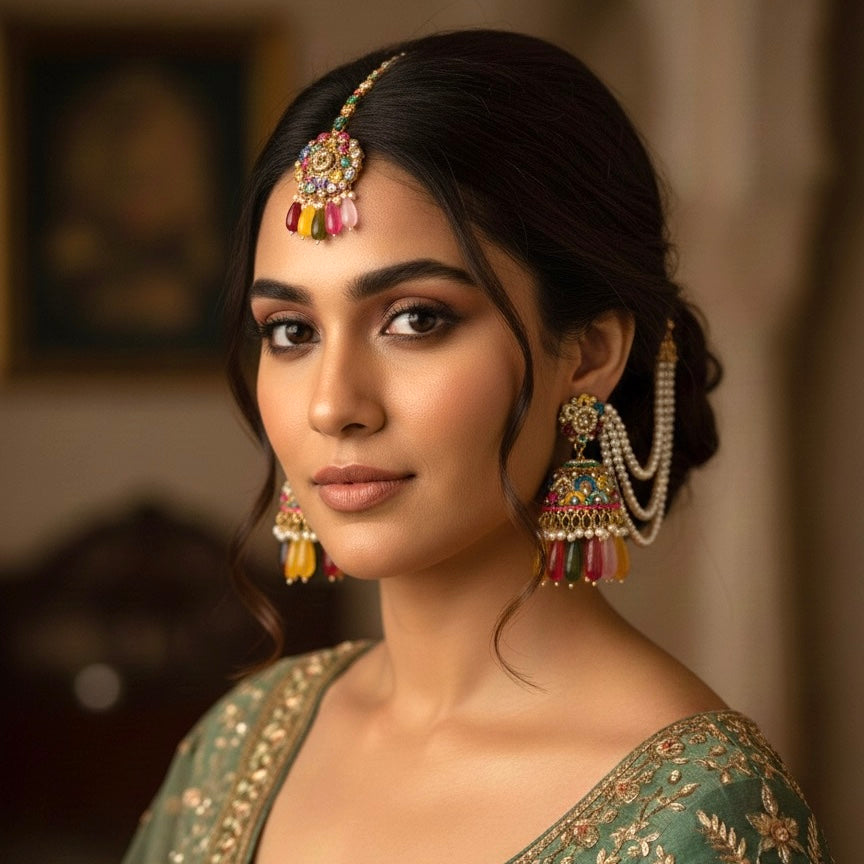 Mahtaab navratna multicolor reverse AD jadau jhumka earrings with triple layered pearl sahara chains and matching circular maang teeka set on a model