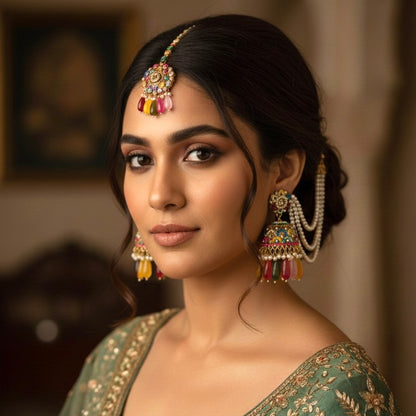 Mahtaab navratna multicolor reverse AD jadau jhumka earrings with triple layered pearl sahara chains and matching circular maang teeka set on a model