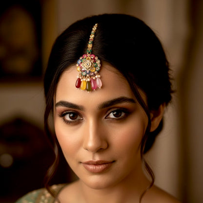 Mahtaab Jadau Reverse AD Jhumka Earrings with Sahara/Earchains & Teeka - Multi