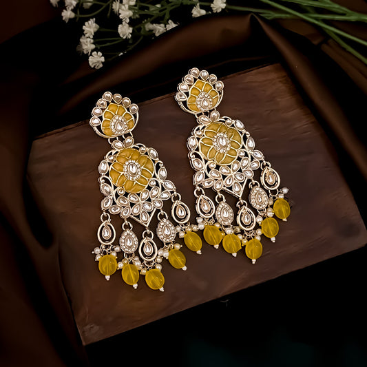 Medha Meenakari Pearl Chandbali Earrings - Yellow